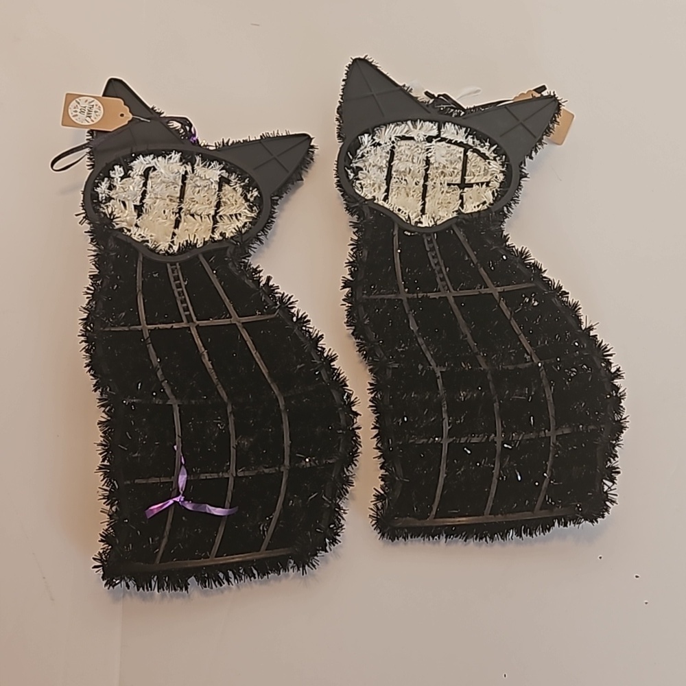 Hand crafted Halloween Cats Set of 2 Black Cats Handmade Holographic Bone detail - Picture 12 of 17